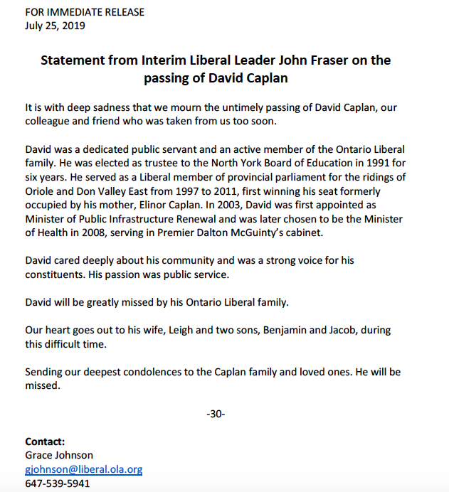 JohnFraserOS's tweet photo. My statement on the passing of my colleague and member of our @OntLiberal family, David Caplan. He will be greatly missed. https://t.co/5UUnE7h5VF