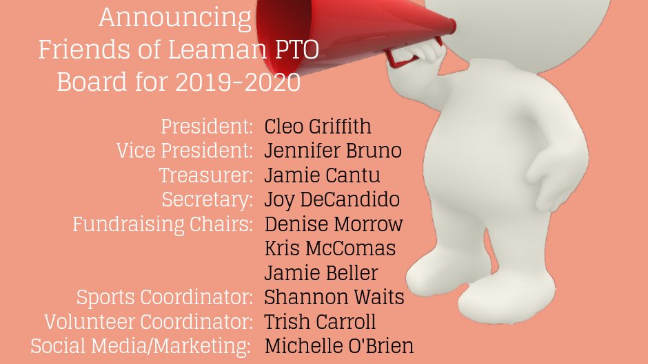 Leaman's 2019-2020 PTO Board  <a href="/FOL_PTO/">Friends of Leaman PTO</a> <a href="/LeamanJH/">Leaman Junior High</a> <a href="/ChargerSchools/">Charger Nation</a> <a href="/LamarCISD/">Lamar CISD</a>  <a href="/DLJHCounselors/">Leaman JH Counselors</a> <a href="/leamanlibrary/">Katie Poland</a> <a href="/DLJHCheer/">Leaman JH Cheer</a> <a href="/LeamanIntlSsClb/">Cultures In Action Students Club of Leaman JH</a> <a href="/DLJHChargerBand/">DLJHChargerBand</a> <a href="/DLJHChargers/">DLJH Boys Athletics</a> <a href="/DLJHLadyCharger/">DLJH Girls Athletics</a>