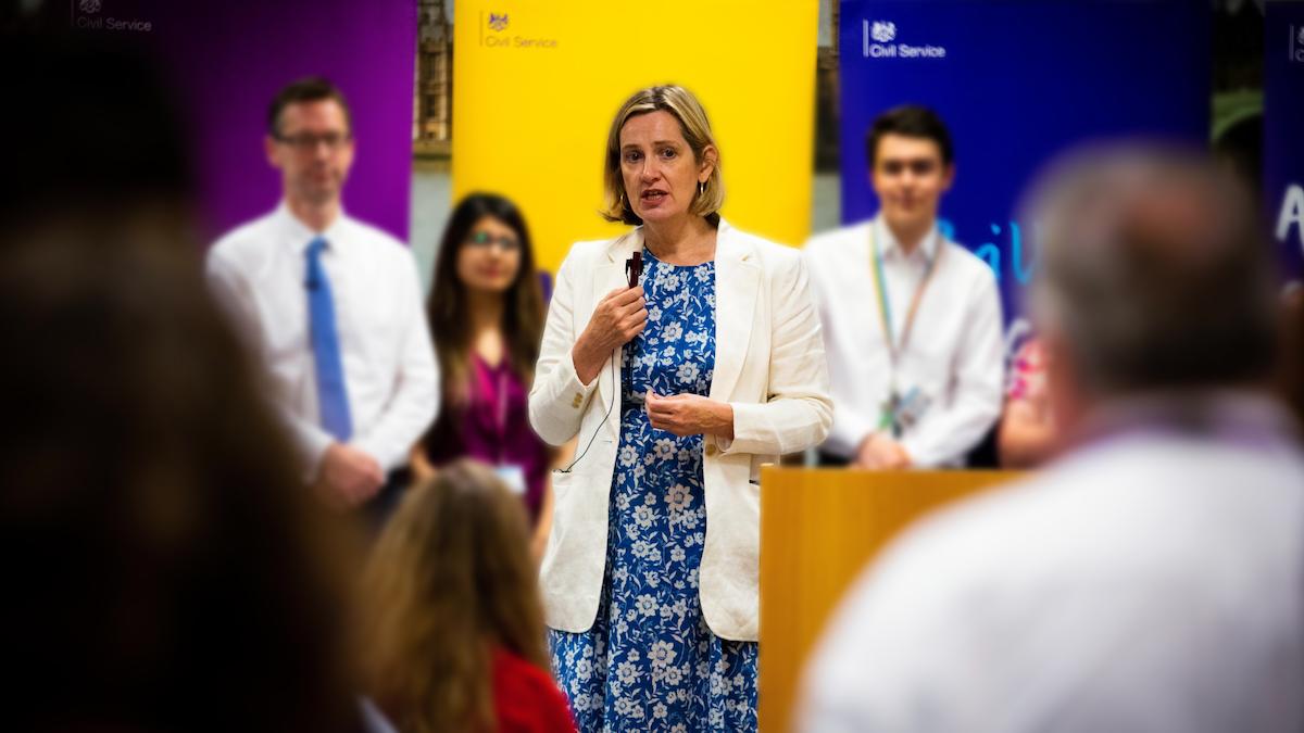 DWPgovuk's tweet photo. Warm reception for @AmberRuddHR as she tells staff @DWP she’s “delighted” to resume her mission to “improve the quality of people’s lives” following her reappointment as Work and Pensions Secretary. https://t.co/cuVeIlcYIB