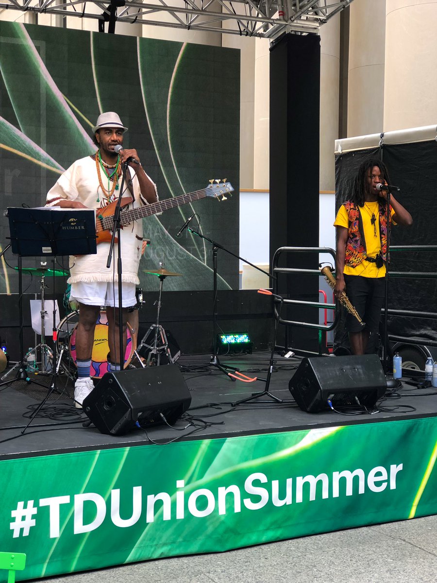 Lunchtime! @Torontounion got a taste of Waleed Abdulhamid’s music with his Waleed Kush ensemble yesterday. Music with a message featuring  @joejoecallender on vocals & sax, Ilios Steryannis @TOdrumschool on percussion, and Sarah Lounsbury on keyboard #TDunionsummer #swmto