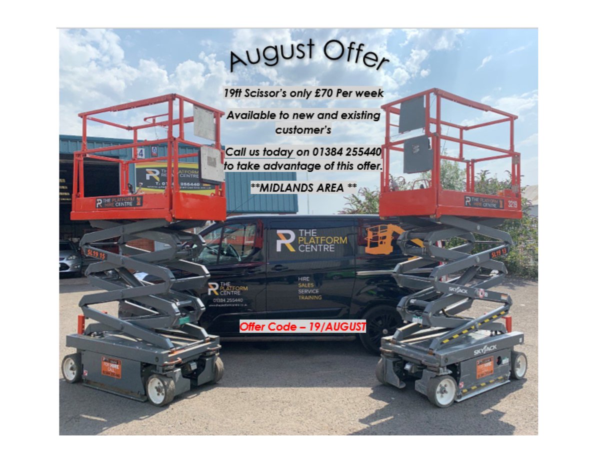 Summer Offer!🔥

1932 Scissor’s only £70 Per week!!

Available to new and existing customer’s
Call us today on 01384 255440 or email us on info@platformhirecentre.co.uk 😁.

** Midlands area only **