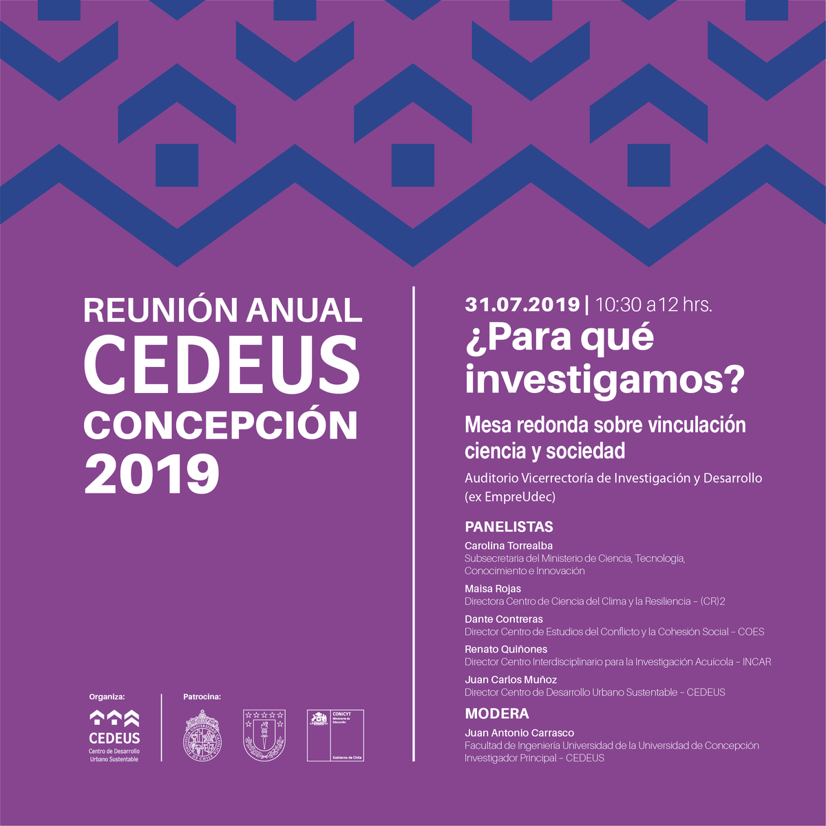 CedeusChile's tweet photo. 👀 Próximo miércoles 31 de julio en @udeconcepcion ¿Para qué investigamos? Con la Subsecretaria @min_ciencia @ctorrear y los directores @Maisa_Rojas @CR2_uchile, Dante Contreras @CentroCOES, Renato Quiñones @IncarChile y @JuanCaMunozA @CedeusChile https://t.co/L8OznmU06t