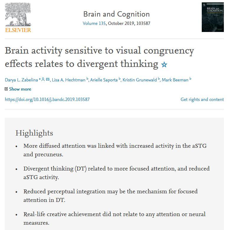 NMPsychiatry's tweet image. &quot;Brain activity sensitive to visual congruency effects relates to divergent thinking&quot; bit.ly/30X2WBw via #BrainAndCognition