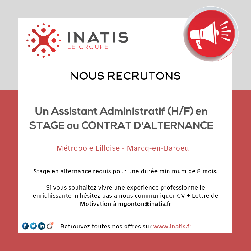#InatisRecrute 📢

Dans le cadre de notre développement, nous recherchons un(e) Assistant Administratif (H/F) en stage ou contrat d'alternance. 

👉 Découvrez toutes nos offres et opportunités de carrières sur inatis.fr dans la rubrique Carrières.