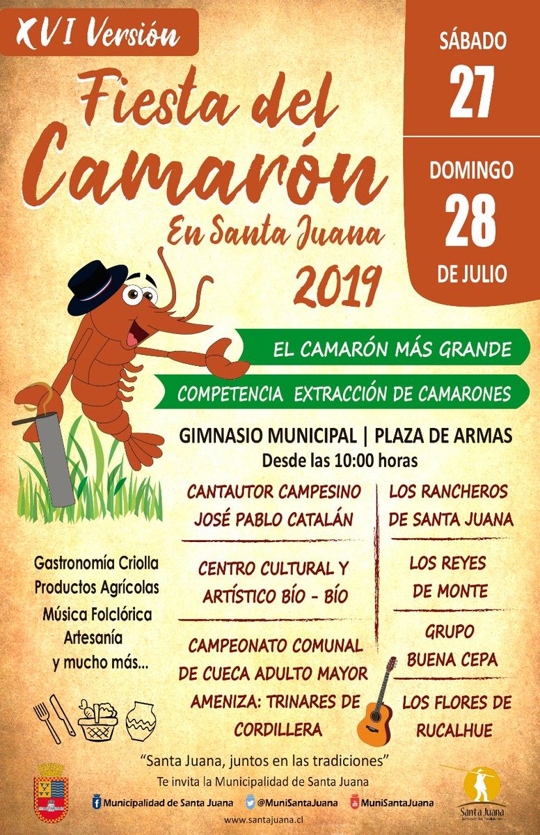 MuniSantaJuana's tweet photo. 🦐 Todo listo para la XVI Fiesta del Camarón en #SantaJuana.

Te esperamos este sábado 27 y domingo 28 de julio en el Gimnasio Municipal de Plaza de Armas.

¡Juntos en las tradiciones! https://t.co/6blHcb2mxe https://t.co/P2O5wuklYQ