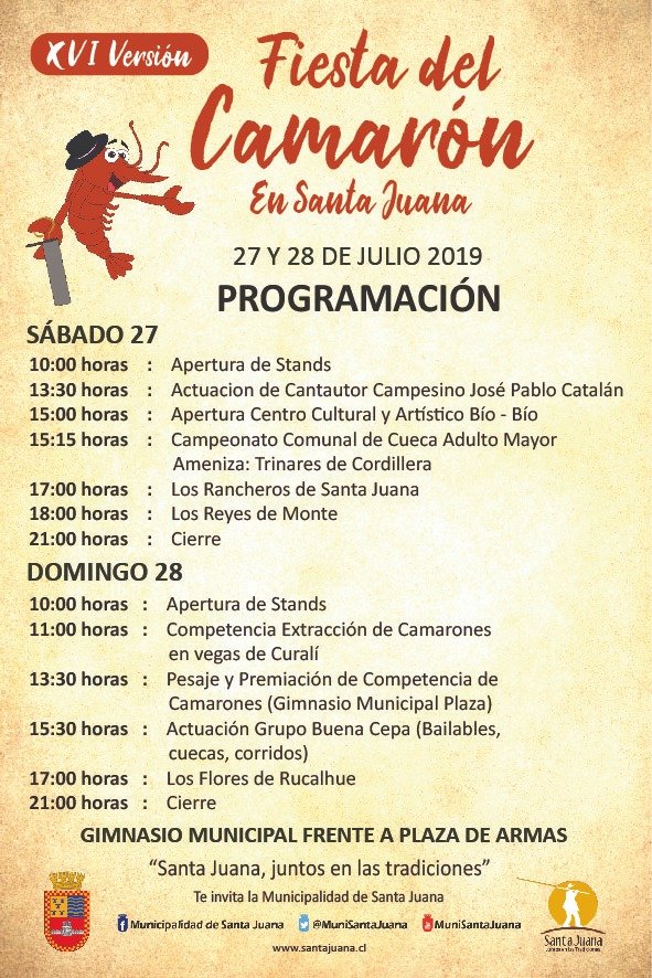 MuniSantaJuana's tweet photo. 🦐 Todo listo para la XVI Fiesta del Camarón en #SantaJuana.

Te esperamos este sábado 27 y domingo 28 de julio en el Gimnasio Municipal de Plaza de Armas.

¡Juntos en las tradiciones! https://t.co/6blHcb2mxe https://t.co/P2O5wuklYQ