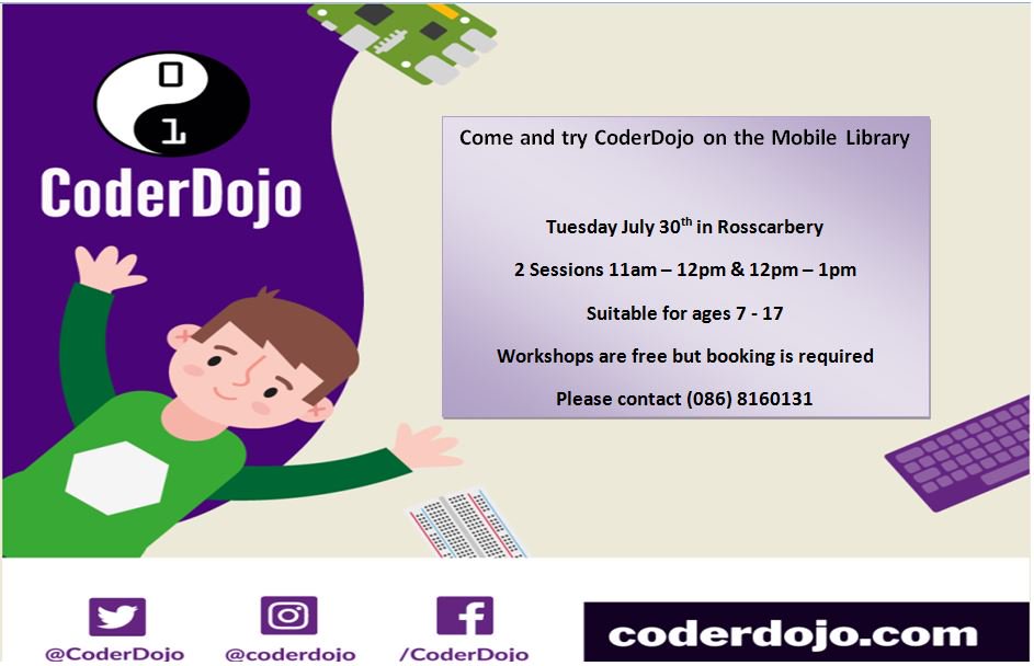 corkcolibrary's tweet image. Have you signed up for our #Coderdojo sessions in #Rosscarbery yet on Tuesday 30th?
They're suitable for anyone aged between 7 - 17 years, and we'll be holding them on the #WestCork #MobileLibrary.
Contact (086) 8160131 to book your spot!
#whatlibrariesdo #westcorkforkids