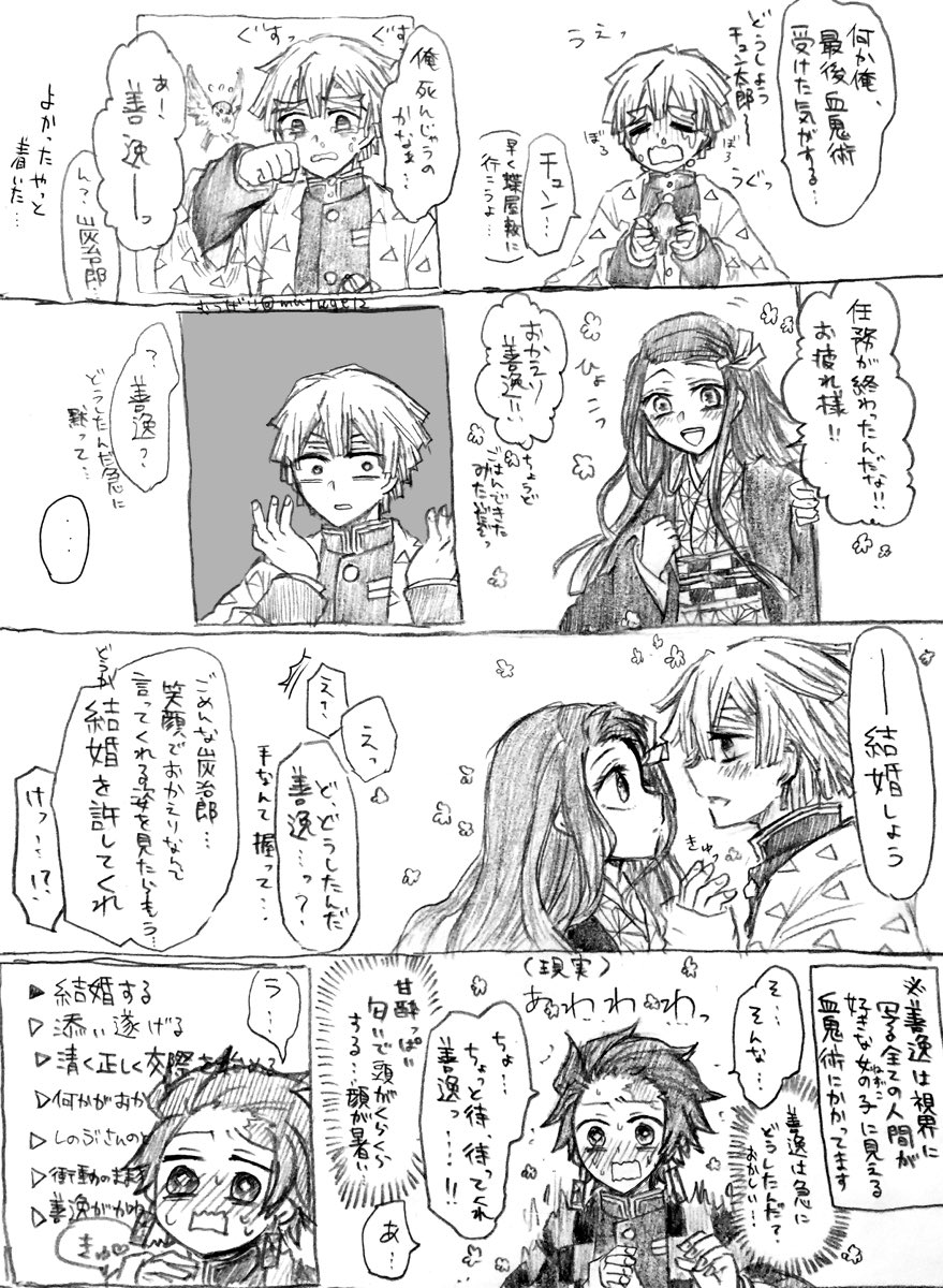 炭善(でも善視点ではぜんねず)①
都合のいい血鬼術で、視界に映る人間が全員ねずこちゃんに見えてしまうようになったよ!
聴力はそのままだけど、視界がコレだから…善の(ねずこちゃん)大好きっていう恋の匂いを大量に浴びて色んな意味で(元から緩く開いていた)扉を蹴やぶられる衝撃を受けた炭。 