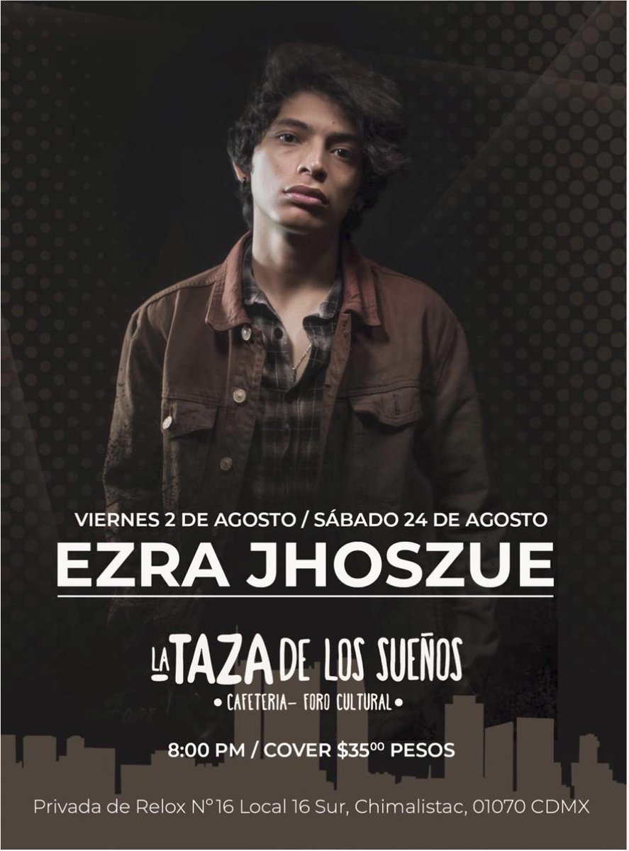 tazadelossuenos's tweet photo. Y en la parte musical, estas dos presentaciones arrancan el mes ¡con todo!

Ezra Jhoszue, un emergente talento mexicano, con baladas y canciones originales.

México Cenzontle, un dueto maravilloso que lleva la música mexicana (¡la que sea!) a todos los rincones que puedan. 
#CDMX https://t.co/eJulZDXusu