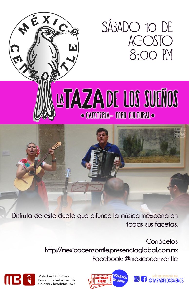 tazadelossuenos's tweet photo. Y en la parte musical, estas dos presentaciones arrancan el mes ¡con todo!

Ezra Jhoszue, un emergente talento mexicano, con baladas y canciones originales.

México Cenzontle, un dueto maravilloso que lleva la música mexicana (¡la que sea!) a todos los rincones que puedan. 
#CDMX https://t.co/eJulZDXusu