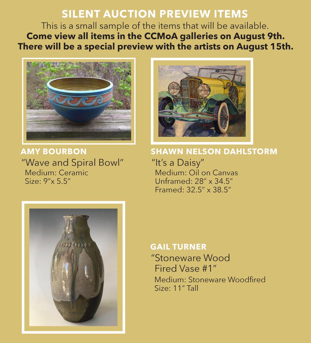 Our live and silent auction items are now online! Here's a preview of some of the items. Start bidding on select items here: auctria.com/ev?site=1f16cd…

Buy tickets to the Gala here: ccmoa.org/events/annual-…