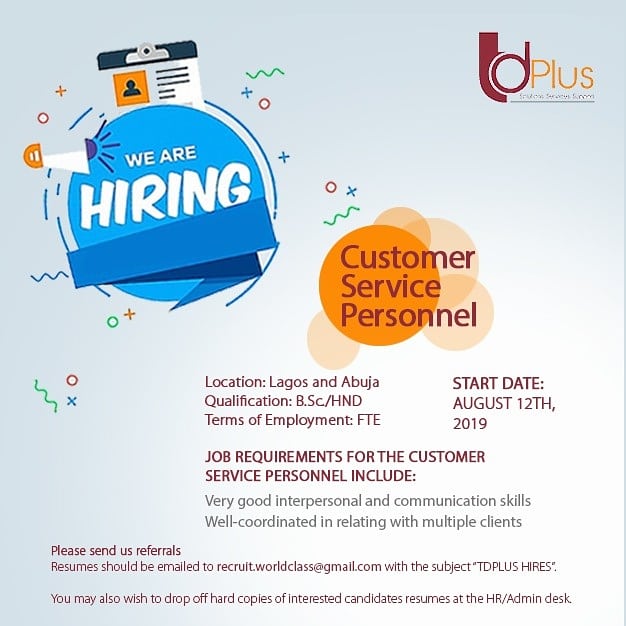 Td_africa1's tweet photo. Engineers and Customer service rep needed at #TDplus. Tag a friend who'd be interested. https://t.co/6cRVSmTJ4P