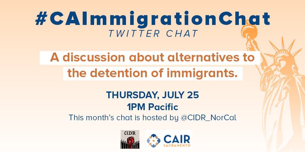CIDR_NorCal's tweet photo. TODAY at 1PM: @ICEgov is detaining more than 52,000 individuals, an apparent all-time record: https://t.co/tk1Q6xBfIl. Join today’s #CAimmigrationChat, hosted by @CIDR_NorCal, to discuss alternatives to the detention of immigrants. #ProtectEachOther https://t.co/5BwRWtZ28B