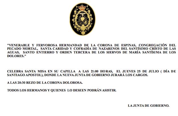 La Hermandad de los Dolores celebra misa hoy a las 21.00 horas en su capilla donde jurarán el cargo los miembros de la nueva Junta de Gobierno.