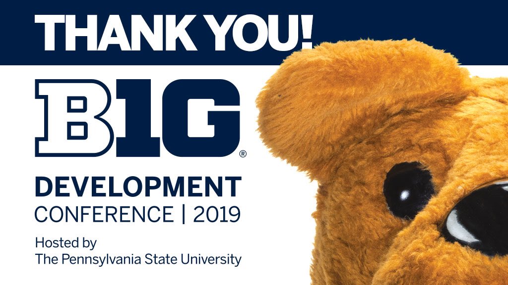 Big Ten Development Conference 2021 (@advancebig10) on Twitter photo A B1G thank you to each of you for sharing your time, talent, curiosity, and passion over the last three days. Penn State is grateful for everything you brought to the table. Safe travels—and keep up the important work. #advancebig10
(<a href="/UofMaryland/">Univ. of Maryland</a>, tag! You’re it!) A B1G thank you to each of you for sharing your time, talent, curiosity, and passion over the last three days. Penn State is grateful for everything you brought to the table. Safe travels—and keep up the important work. #advancebig10
(<a href="/UofMaryland/">Univ. of Maryland</a>, tag! You’re it!)