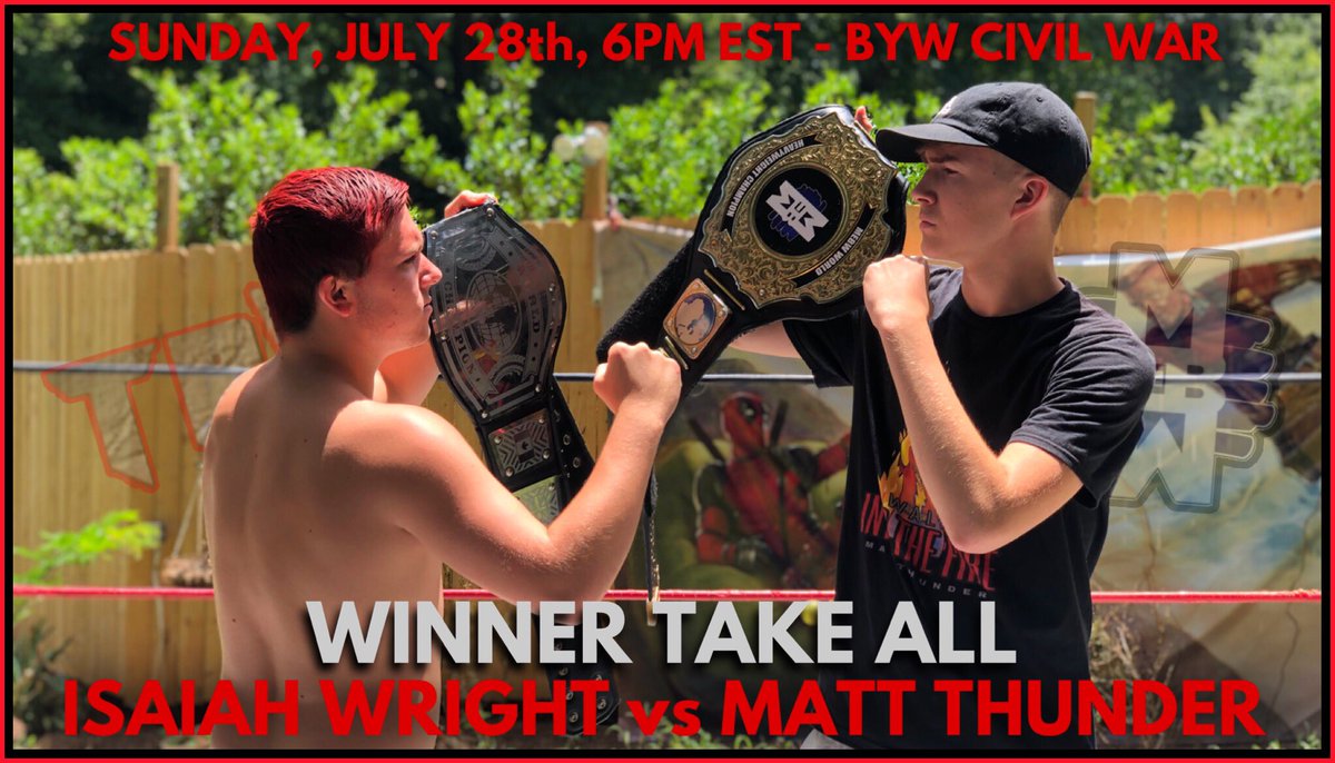 CivilWar2019's tweet photo. For months, these two have went back and forth with words

But this Sunday, they put their money where their mouth is.

Isaiah Wright vs Matt Thunder

TBW World Title vs MEBW World Title

Winner Take All

Sunday, July 28th, 6PM EST LIVE on the MEBW &amp; TBW Channels.

#WarReady https://t.co/tJhLMt3rmE