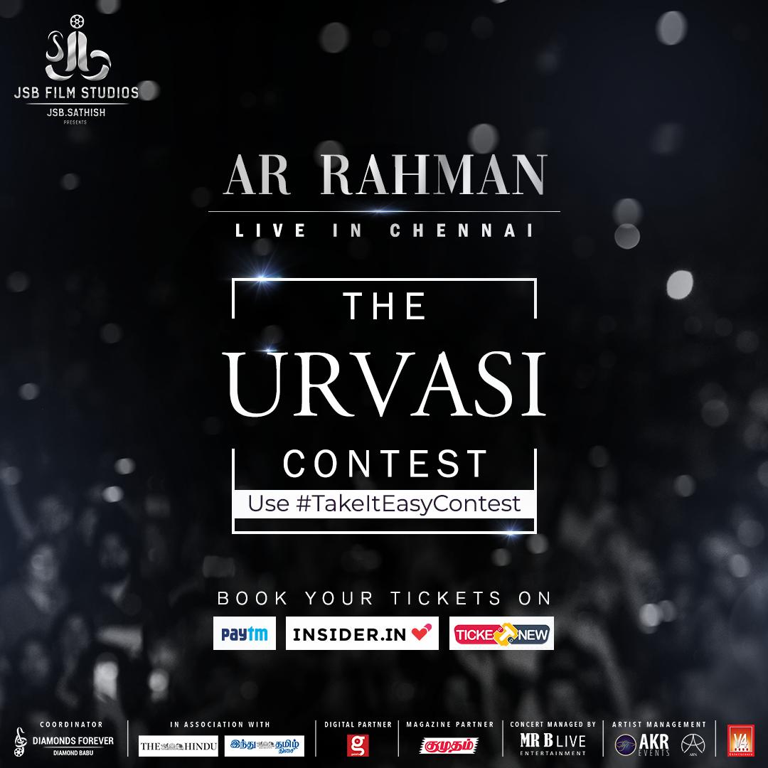 ARRLive2019's tweet photo. Re-write the lyrics for 'Urvasi Urvasi' song and surprise us with your lyrics. Send us a video version with the #TakeItEasyContest and stand a chance to be our guest at the AR Rahman Live in Chennai on 10th August !! 

#ARRahman #ARRahmanLiveInChennai #JSBFilmStudios https://t.co/AFq7PRJZdw