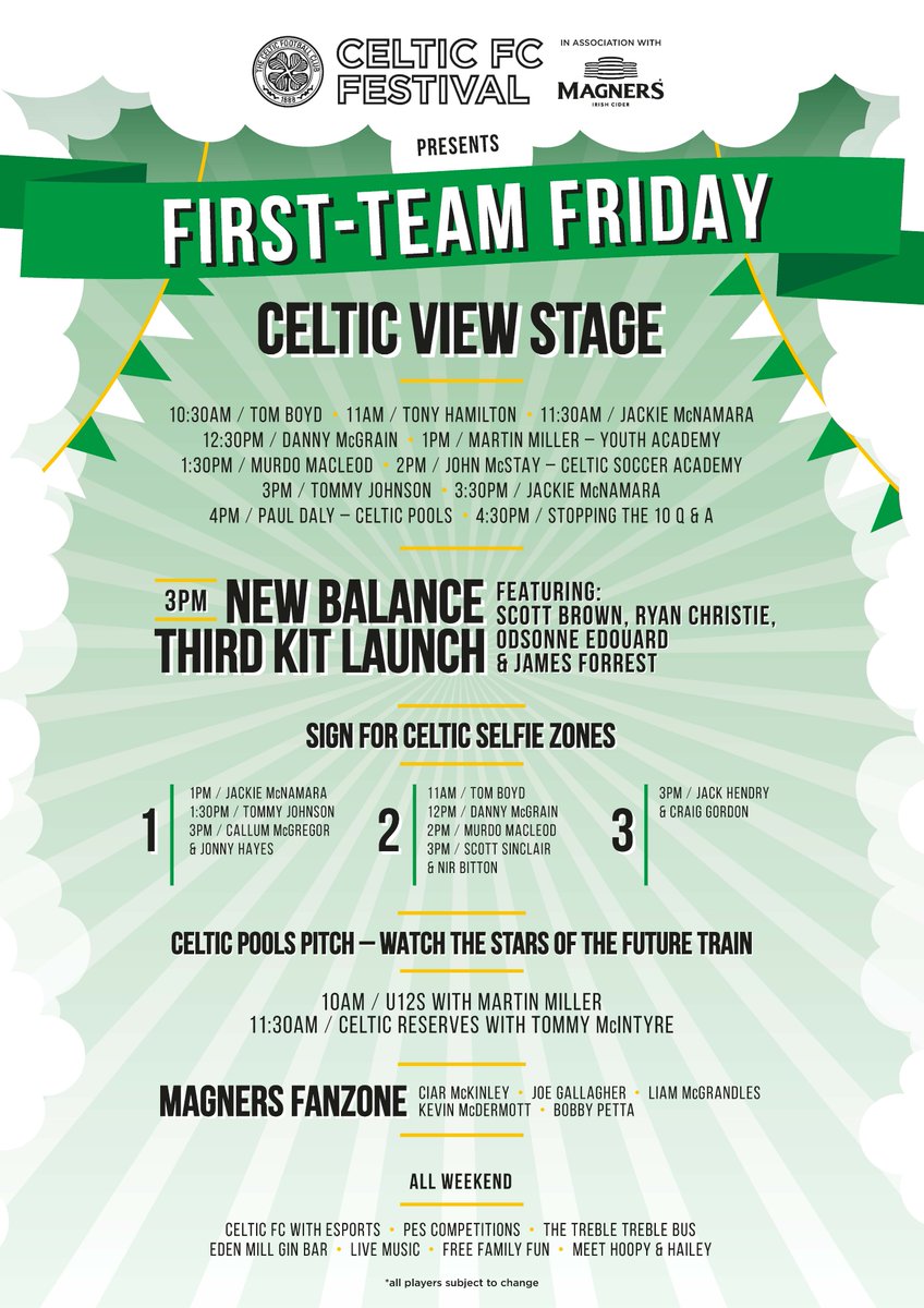 🗓️ Fans attending day one of the <a href="/CFCFestival/">CelticFCFestival</a> in association with <a href="/MagnersUK/">Magners Cider</a> can expect a jam-packed schedule as ‘First-Team Friday’ kicks off the three day event!

Here are eight-in-a-row things you need to know for the opening day... 🍀⚪️ #CFCFestival