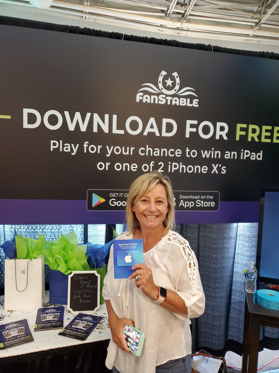 fanstable's tweet photo. Congrats Roxanne!!! 
Yesterday was TRIPLE TICKET WEDNESDAY and our lucky winner took home a $100 Apple gift card
...
Stop by our booth and give us a digital photo of your horse showing at youth (text or email) to be entered to win TODAY!!! https://t.co/vVoLGd7Neu