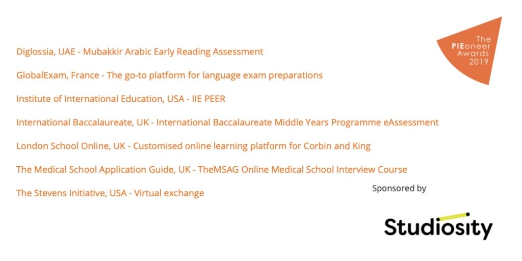 Congratulations to all finalists in the "Digital innovation of the year - learning" category! This category is sponsored by <a href="/studiosity/">Studiosity</a>! #intled #PIEoneers19