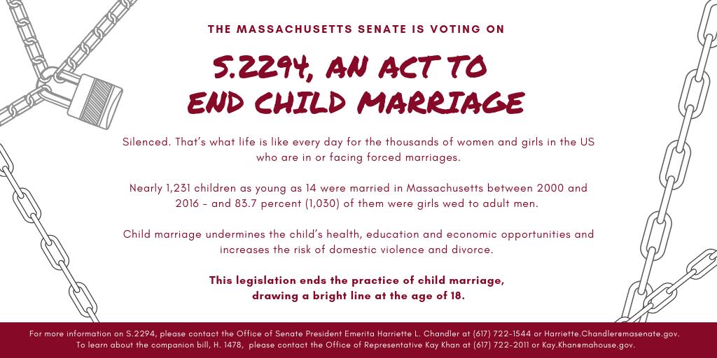 Sen_Chandler's tweet image. REALITY CHECK: Child marriage still exists in Massachusetts.

But today we have a chance to stop it. The @MA_Senate will be taking up my bill to ensure that minors cannot be coerced into a marriage and have their rights signed away to some adult.  #mapoli #EndChildMarriage