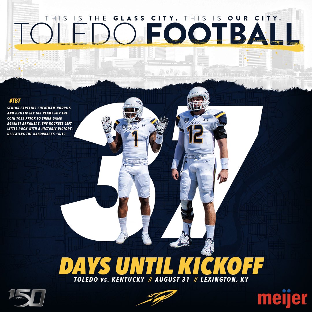 Toledo Football (@toledofb) on Twitter photo #ThrowbackThursday for 3️⃣7️⃣ days until 🚀🏈 @CheathamEN and <a href="/Phillip_Ely12/">Phillip Ely</a> lead the Rockets to a 16-12 victory over #18 Arkansas #ThisIsToledo l #ONErocket l #CFB150 #ThrowbackThursday for 3️⃣7️⃣ days until 🚀🏈 @CheathamEN and <a href="/Phillip_Ely12/">Phillip Ely</a> lead the Rockets to a 16-12 victory over #18 Arkansas #ThisIsToledo l #ONErocket l #CFB150