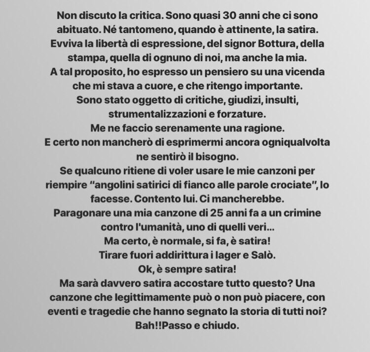 Non discuto la critica. Sono quasi 30 anni che ci sono abituato. Né tantomeno, quando è attinente, la satira...