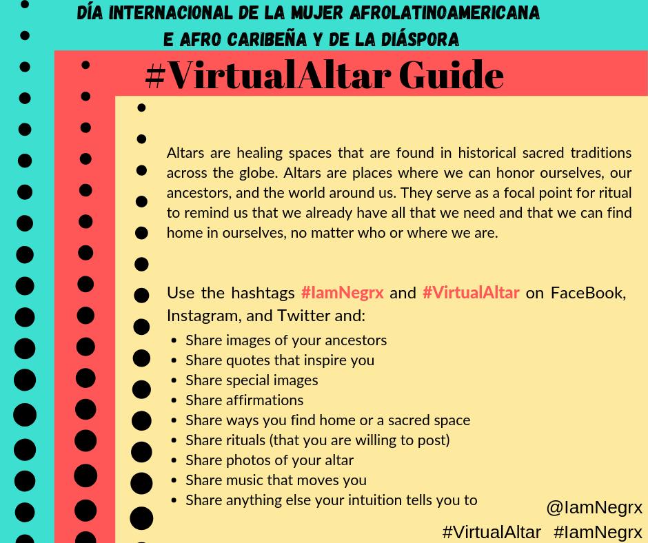 IamNegrx's tweet photo. July 25th is the International Day of AfroLatin American, AfroCaribbean and Diaspora Women’s Day. This event grew out of a gathering of women in the Dominican Republic in 1992. For the next two days we want to create a virtual healing presence using the hashtag #VirtualAltar! https://t.co/jinTZWDK1o