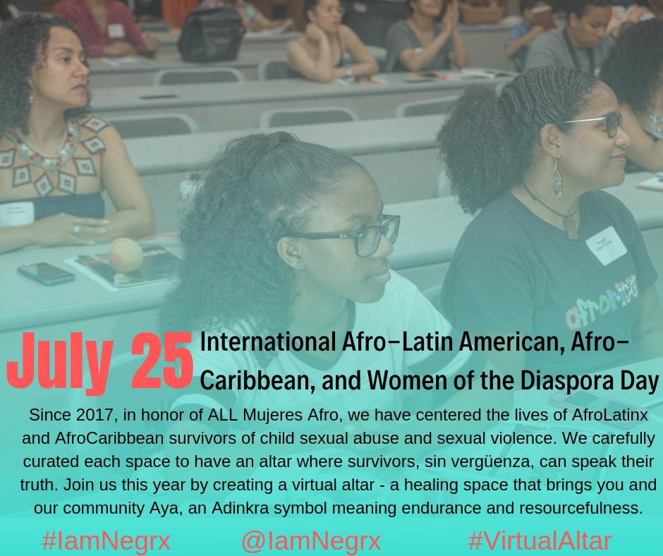 IamNegrx's tweet photo. July 25th is the International Day of AfroLatin American, AfroCaribbean and Diaspora Women’s Day. This event grew out of a gathering of women in the Dominican Republic in 1992. For the next two days we want to create a virtual healing presence using the hashtag #VirtualAltar! https://t.co/jinTZWDK1o