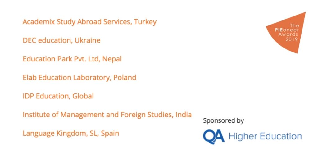 Congratulations to all finalists in the "Education agency of the year" category! This category is sponsored by QAHigherEducation! #intled #PIEoneers19