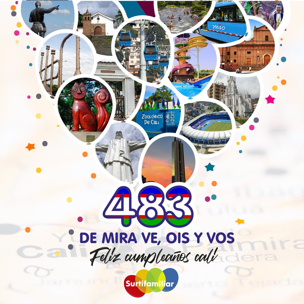 👏 🤗Celebremos juntos el progreso de la sucursal del cielo, FELIZ 483 AÑOS DE HISTORIA 🎉 , mi bella ciudad , mi bella ciudad ! 💙💚❤.

Surtifamiliar Orgullosamente Vallecaucana. 
#FelizCumpleañosCali #CaliCo  #Colombia #Fiesta #Cali483anos