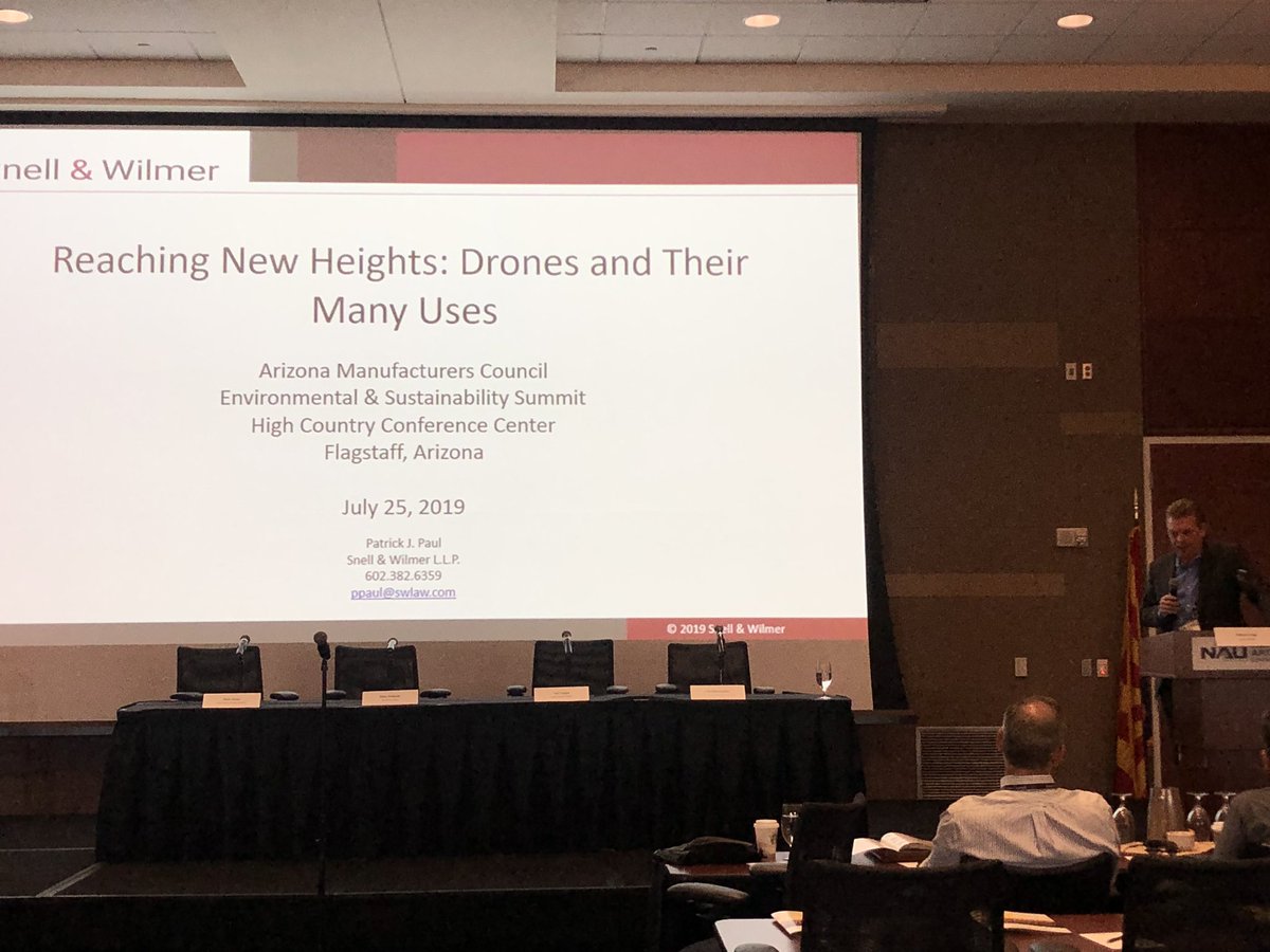 Amanda_Reeve's tweet photo. Great presentation by @SWLawNews @padraigpaul re the many uses of Drones & impacts thereof. Absolutely astounding to see how drones are being used to help w/ Envtl issues/emergencies. @AZManufacturing @AZChamber #ESS18 https://t.co/0iEDSRUQLA