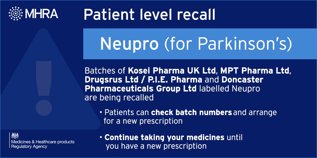 MHRAgovuk's tweet photo. As a precautionary measure, we are asking patients who take #Neupro for #Parkinsons to check if they have products from batches of medicines which are being recalled. More info: https://t.co/wa38wIoMhD #PatientSafety #ThinkPatientSafety #DrugSafety https://t.co/9bCvJDz7xP