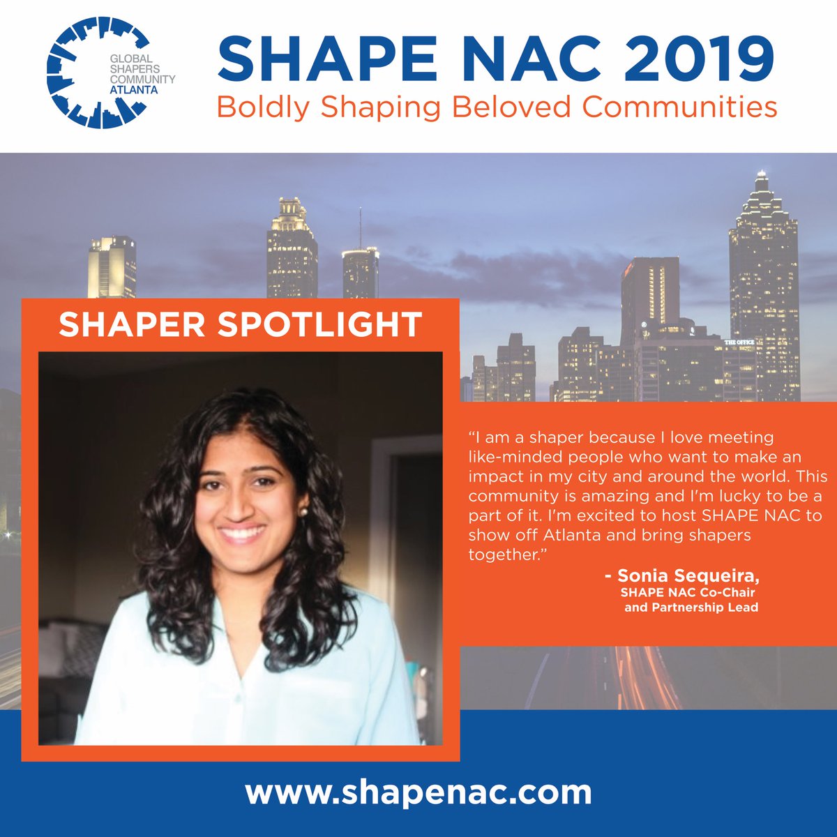 Shapers_ATL's tweet photo. WOOHOO! T-1 DAY UNTIL #SHAPENAC2019 🎉✨ For our next #shaperspotlight for today, we are highlighting another member of this year’s SHAPE NAC core team - Sonia! Learn more about Sonia below +get excited to discuss how we can Boldly Shape #BelovedCommunities together this weekend! https://t.co/hLBO0vTh4o