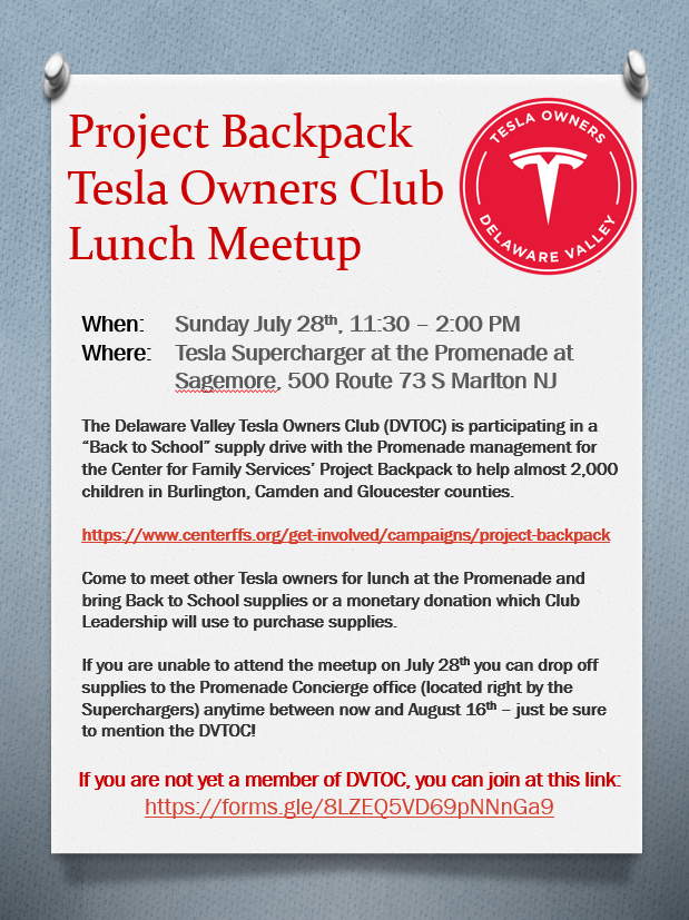 DelValTesla's tweet photo. DelVal @Tesla owners participate in a #BackToSchool supply drive with @thepromenadenj Sunday 7/28 at Marlton Supercharger starting at 11:30 am. Come for lunch, a charge, and bring school supplies to donate. @xenius @vivivandeerlin @Jason_Kaps @christe25545867 https://t.co/4YPO4U3lvz