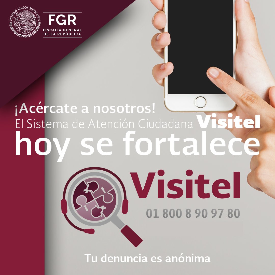 Cuando conozcas que una o un servidor público de la <a href="/FGRMexico/">FGR México</a> esté cometiendo algún delito,  #Denuncia en #VISITEL 
☎️01 800 8 90 97 80
Más información ow.ly/ASen30kf7xf