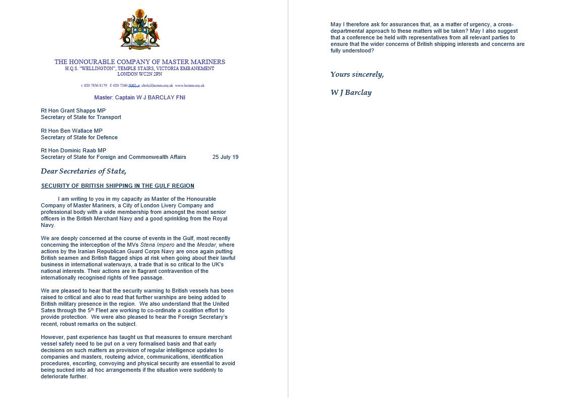 HCMM_UK's tweet photo. Our Master @JimBarclayUK sent a letter to @grantshapps @BWallaceMP &amp; @sajidjavid today, asking for their assurances toward the security of #British #Shipping in the #Gulf Region. Another letter was was sent to @Telegraph Please retweet if you agree! #London #Livery #MerchantNavy https://t.co/SxHgp0O3A7