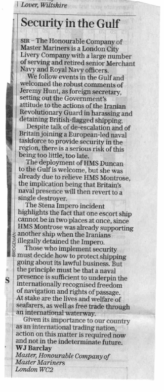 HCMM_UK's tweet photo. Our Master @JimBarclayUK sent a letter to @grantshapps @BWallaceMP &amp; @sajidjavid today, asking for their assurances toward the security of #British #Shipping in the #Gulf Region. Another letter was was sent to @Telegraph Please retweet if you agree! #London #Livery #MerchantNavy https://t.co/SxHgp0O3A7