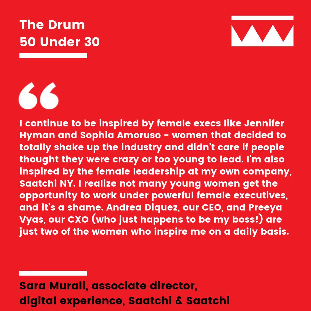 With six-plus years of experience in digital marketing-related roles under her belt, Sara Murali has lent her skills to campaigns such as Walmart's 2018 Oscars Campaign. As part of The Drum's 50 Under 30 we asked Murali who she looks up to in the industry. bit.ly/32MtHdr?&utm_m…