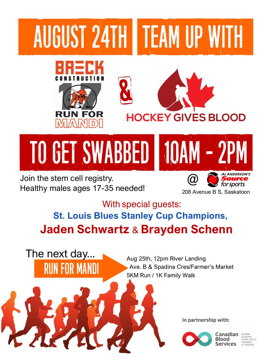 Breck_Construct's tweet photo. In one month, you have the chance to save a life! Come down to Al Anderson's on August 24 to get swabbed. While you're there, meet Stanley Cup Champions Jaden Schwartz & Brayden Schenn. @Bschenn_10 @hkygivesblood @AlAndersonsSFS @StLouisBlues @schwarty22 #runformandi #stemcell https://t.co/xClEbWnr3q