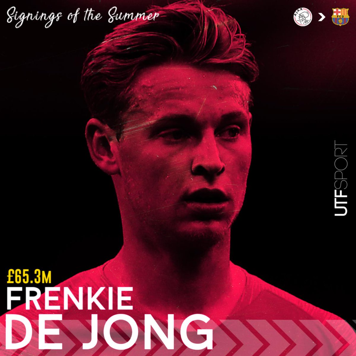 Sport_UTF's tweet photo. ☀️ SIGNINGS OF THE SUMMER ☀️ 

✍️ Frenkie de Jong signed for Barcelona in January but started his career in Spain earlier this summer.

💰 Ajax received over £65m for the Dutch midfielder in a 5-year deal.

🤔 Is de Jong the best young player in world football?

#LaLiga #Barça https://t.co/f0W0kkq5bv