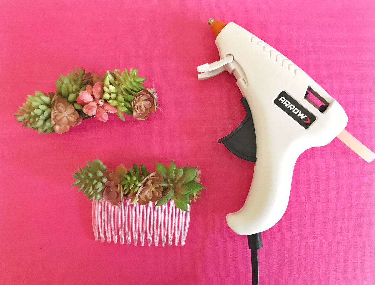 AttaGirlSays's tweet photo. Some people wear flowers in their hair, but I’ll be sporting succulents! Such a fun summertime look and  easy. Just grab some hair clips, combs, faux succulents and your @Arrow_Fastener hot glue gun! #madewitharrow https://t.co/bNZUnrkTJI