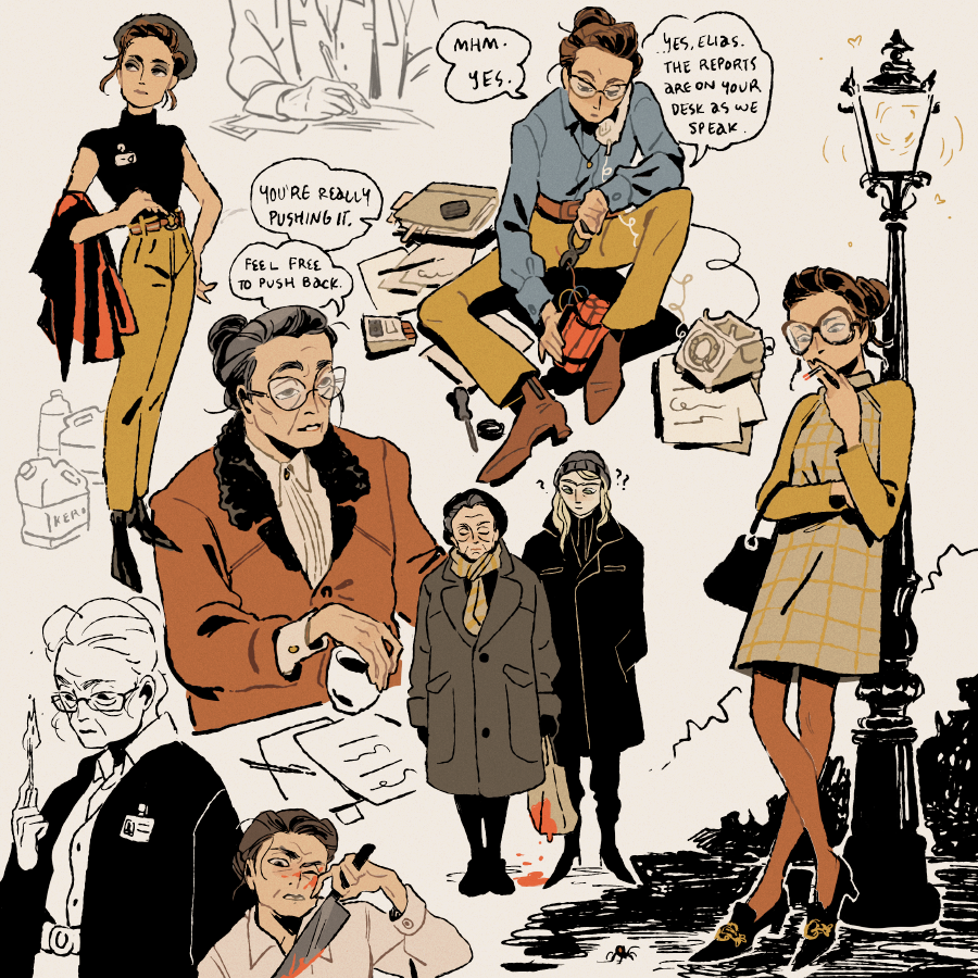 [ cw: blood, explosives. magnus archives spoilers ]

gertrude robinson, at various points in her life. i dream of a 70's office bureaucracy + monster hunter show that follows her into y2k and beyond #MagnusPod