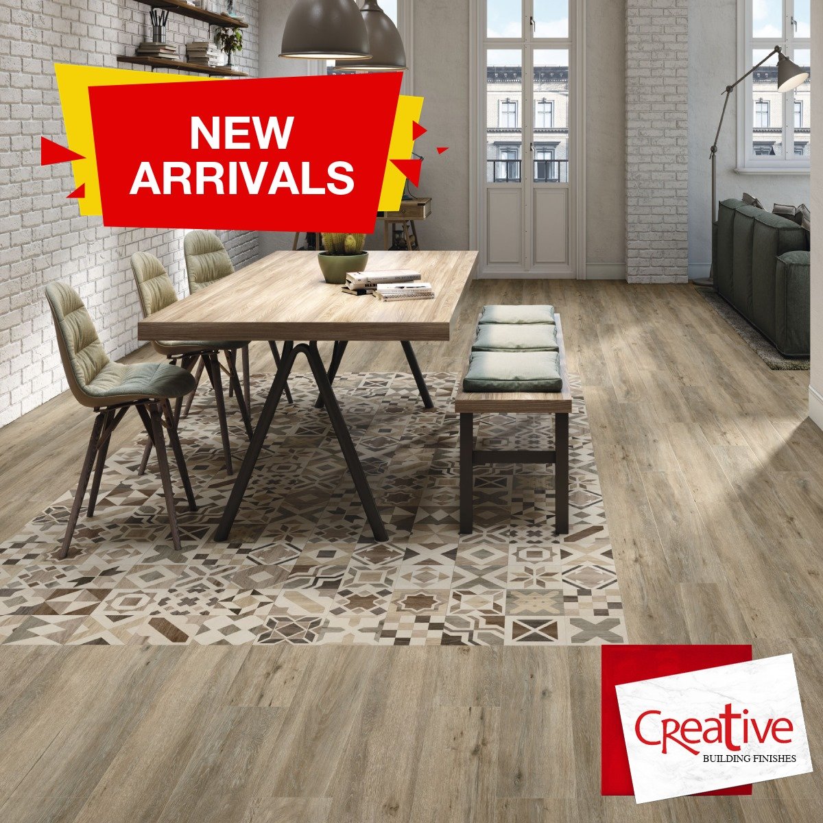 Look again! 
No, that’s not a carpet. 👀 Accessorize your #MarylandNatural wood look tile with a complementary inlay tile 💃🏽 
#Tiles #WoodLookTiles #NewArrivals #ShopCreativeBuildingFinishes