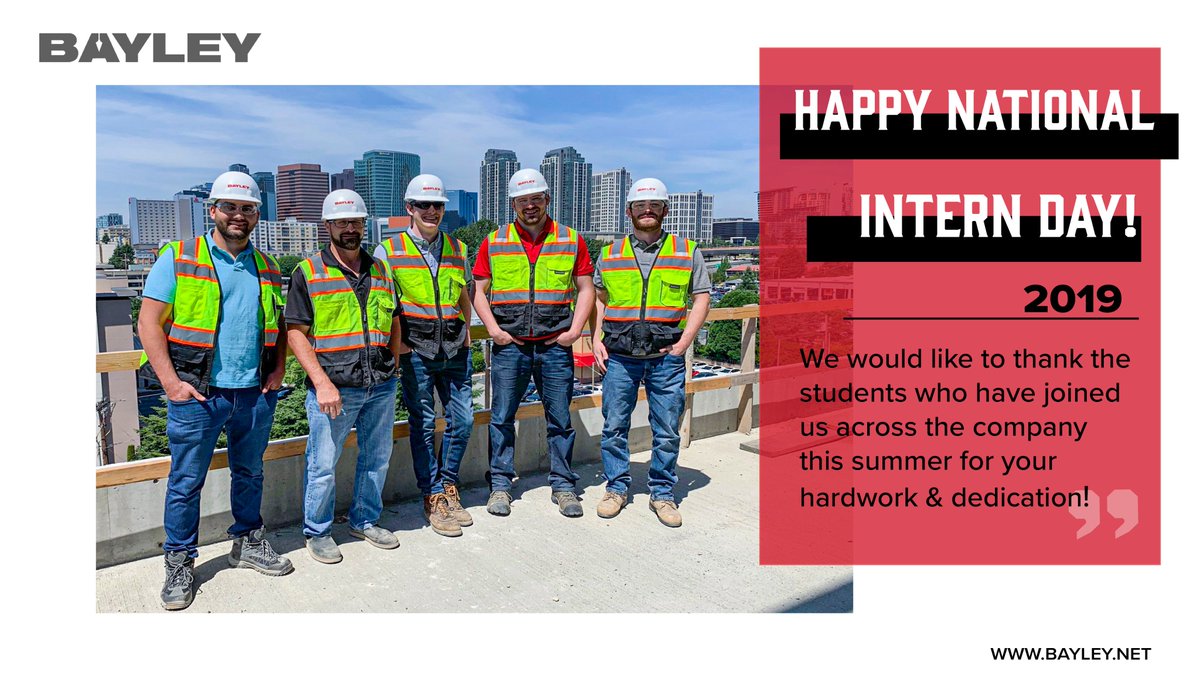 BayleyConstruct's tweet photo. @BayleyConstruct is celebrating #NationalInternDay! We're proud to mentor a remarkable group of interns this summer. The future of the construction industry is bright!

#bayleyconstruction #interns2019 #construction #education #students https://t.co/epoQCtvggu