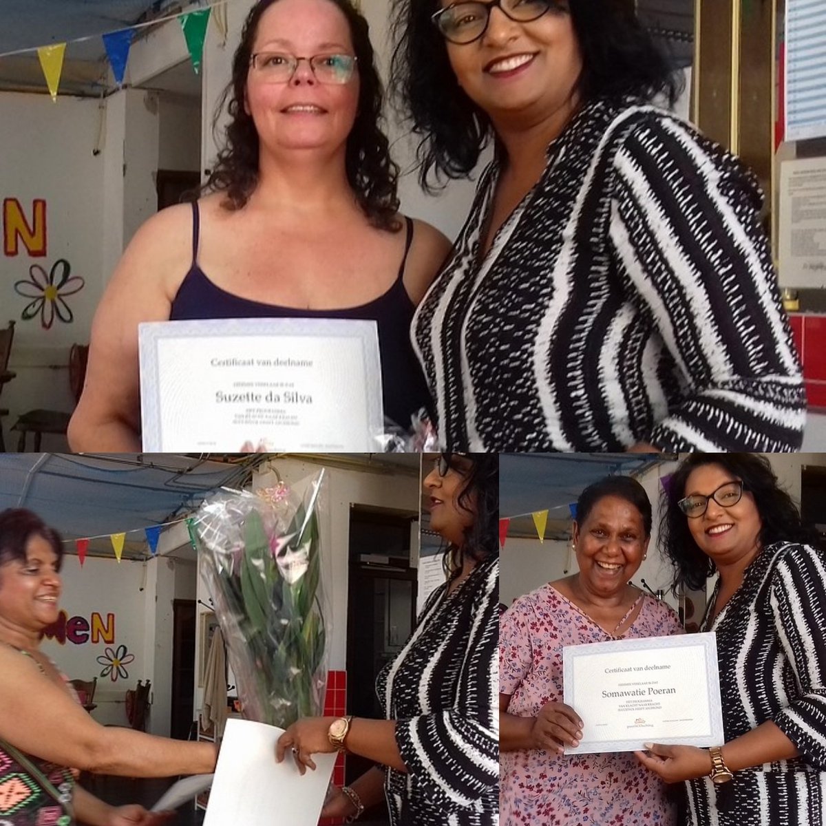 sunitac_o's tweet photo. Asha, Suzette en Soma rondden de training 'Van klacht naar kracht' succesvol af, en ontvingen vandaag hun certificaat. Gefeliciteerd  #zelfontwikkeling #coaching #peerscoaching #powerbypeers #vanklachtnaarkracht #empowerment https://t.co/JWtNVtIH7L