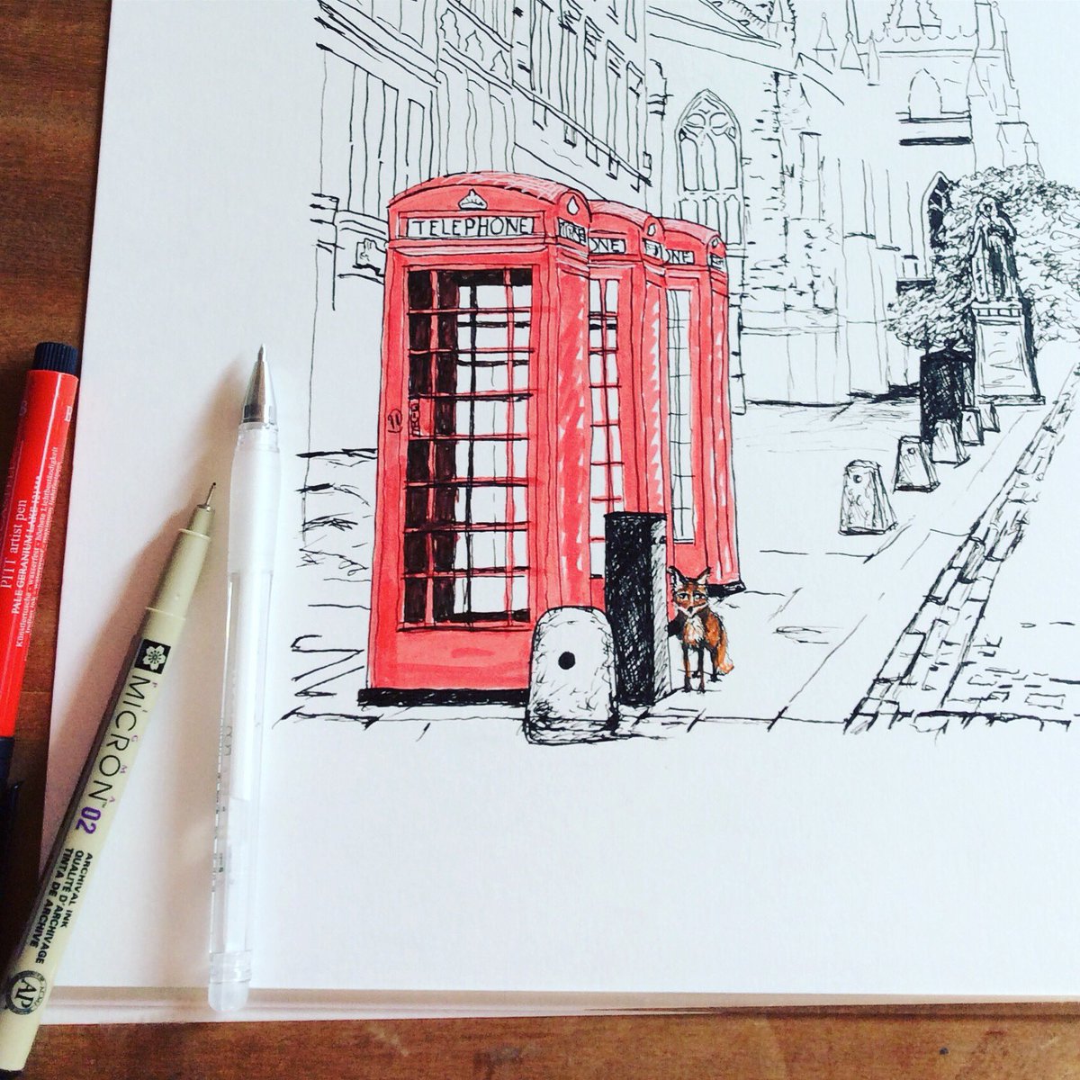 EdinburghFoxInk's tweet photo. #heatwave in #Edinburgh has made me leave my usual #drawingboard in #atticspace Now using my old one in #cooler spot with #fan blasting. Still too warm. #worknprogress #fox on the #RoyalMile #Royalmileedinburgh #telephoneboxes #urbanfox #edinburghdays #toowarm https://t.co/XTTods1cu9