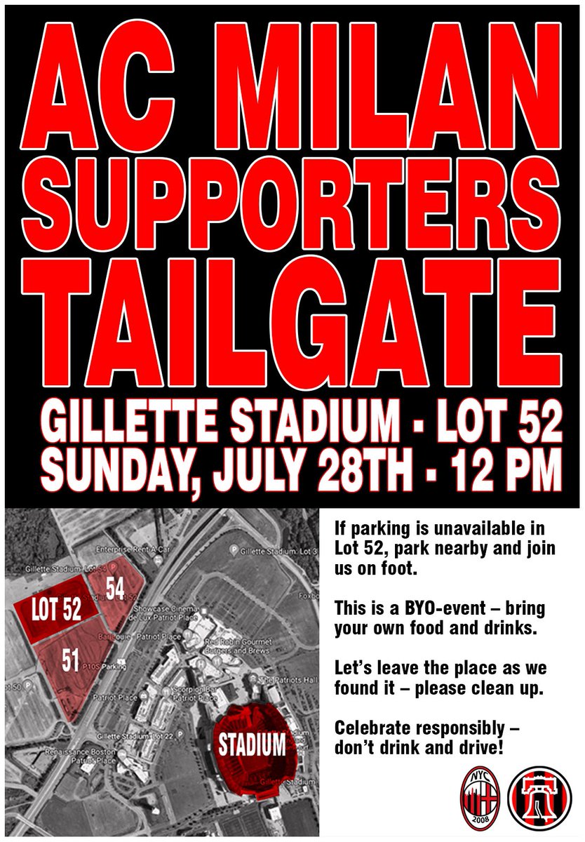 MilanClubPhilly's tweet photo. Lots of great events for #Milanisti in #Boston this weekend!
🔴 Join us SATURDAY night at @730Tavern for food, drinks & fun
⚫️ Join us SUNDAY at @GilletteStadium for our supporters TAILGATE
🔴 And join us in #Section142 for @acmilan v @slbenfica_en!
@ACMilanNYC #FollowTheFlames https://t.co/95e1uatY8O