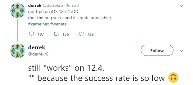 Yalujb's tweet image. Derrek&apos;s (@derrekr6) tfp0 exploit still works on 12.4 firmware. #iOS124 #exploit