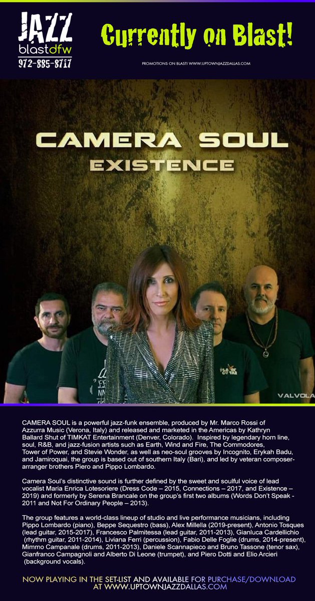 impresarioUS's tweet photo. JAZZblastdfw | Artist Highlight: @Camera__Soul Check out the latest release from this great Soul/Jazz/Fusion/Funk group from Italy. Now playing in the Set-List and available for purchase/download at https://t.co/GpfgqVyKRg #ThisIsDallasJazz #Jazz #JazzUpDFW https://t.co/Ptmlyyc5Do
